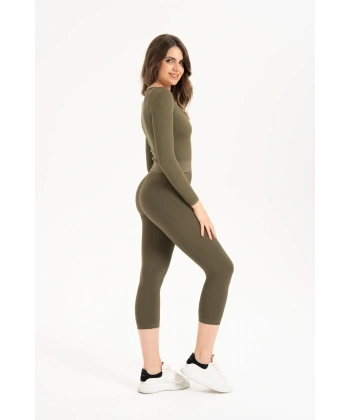 Kadın Dikişsiz Örme Fitilli Uzun Kollu Kare Yaka Crop Bluz 9010