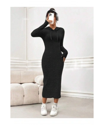 Kadın Kaşkorse Kumaş Kapüşonlu Maxi Boy Elbise