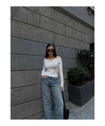 Kadın Siyah Carmen Yaka Fitilli Örme Bluz