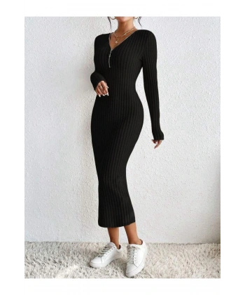 Kadın Siyah Fitilli Oversize Triko Elbise