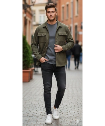 Kapaklı Cepli Düğmeli Uzun Kollu Regular Fit Kaşe Gömlek Ceket