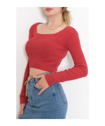 Kare Yaka Uzun Kollu Crop Bluz, Parmak Geçmeli