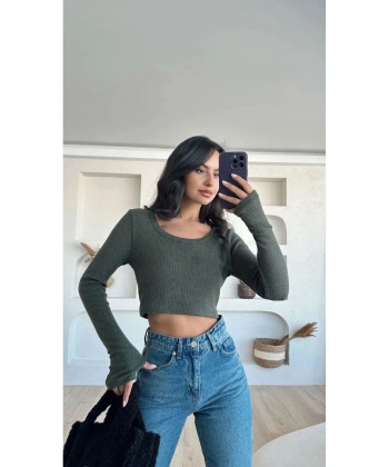 Kare Yaka Uzun Kollu Crop Bluz, Parmak Geçmeli