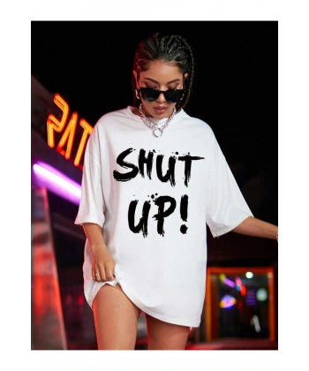 Shut Up Baskılı Oversize Kalıp Unisex T-shirt -beyaz
