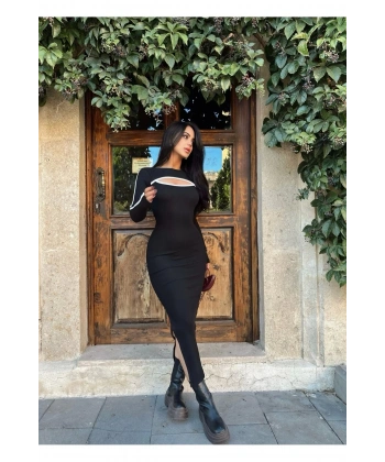 Siyah Yaka Pencereli Uzun Kaşkorse Elbise