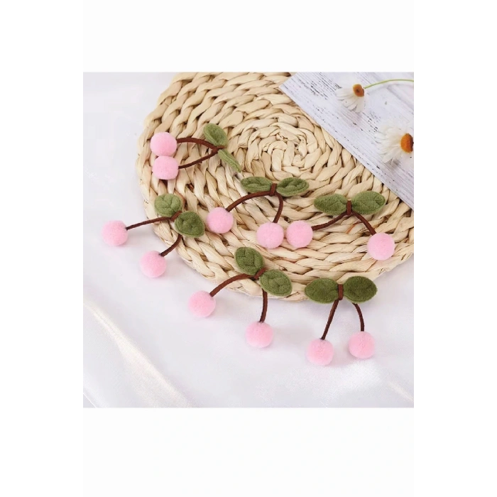 Açık Pembe Ponpon Kiraz Çorap Saç Bandı Paket Dekorasyom Süsleme -6 ADET