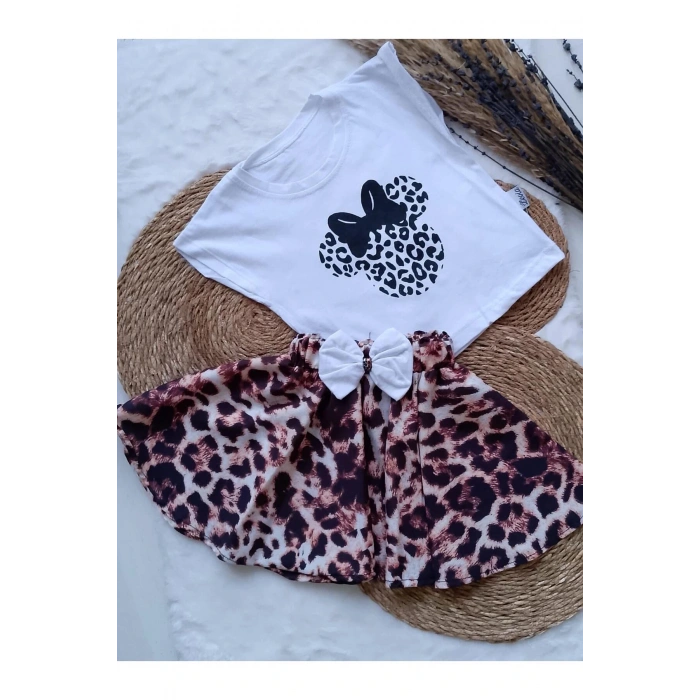 KIZ ÇOCUK LEOPAR DESENLİ ETEKLİ TAKIM