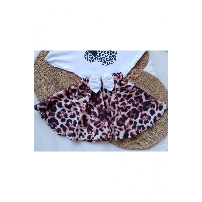 KIZ ÇOCUK LEOPAR DESENLİ ETEKLİ TAKIM
