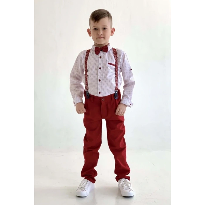 Uzun Pantolon Desenli Gömlek Erkek Çocuk Takımı Bordo