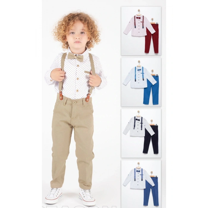 Erkek Çocuk Oxford Beyaz Puanlı Gömlekli Papyonlu Bej Pantolonu Takım