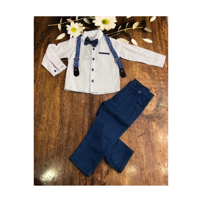 Erkek Çocuk Oxford Gömlekli Papyonlu Indigo Takım