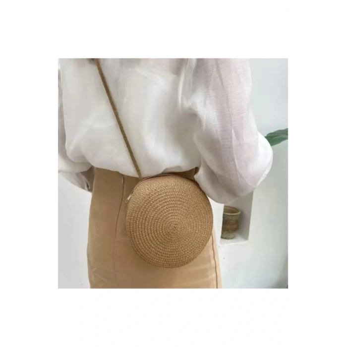 El Yapımı Hasır Çanta Yuvarlak Hasır Çanta Yaz Plaj Çantası Dokuma Omuz Çantaları 12x12 cm