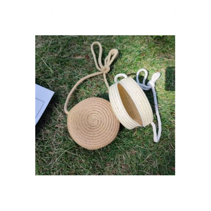 El Yapımı Hasır Çanta Yuvarlak Hasır Çanta Yaz Plaj Çantası Dokuma Omuz Çantaları 12x12 cm