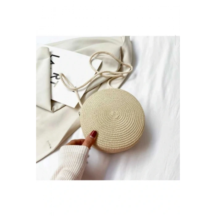 Hasır Çanta Yuvarlak Hasır Çanta Yaz Plaj Çantası Dokuma Omuz Çantası 12x12 cm