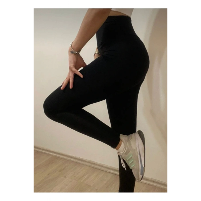 Yüksek Bel Esnek Toparlayıcı Uzun Spor Ve Günlük Tayt Siyah
