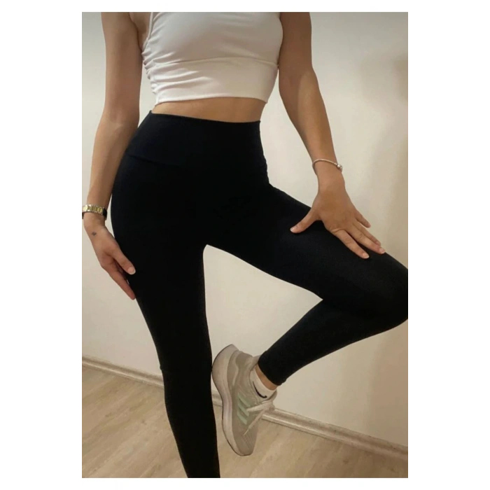 Yüksek Bel Esnek Toparlayıcı Uzun Spor Ve Günlük Tayt Siyah
