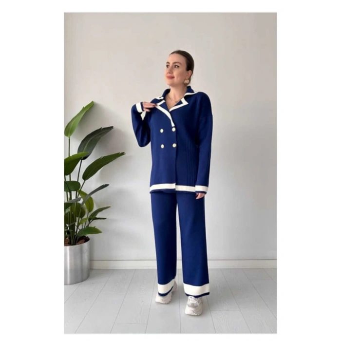 Kadın Düğmeli Şerit Detaylı İkili Triko Takım