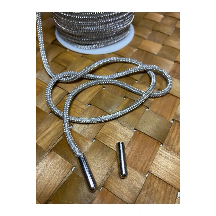 6 mm Gümüş Taşlı Kordon Yuvarlak Şerit Taş Süsleme Aplik (2 Kordon Uç)