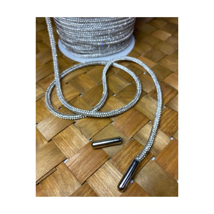 6 mm Gümüş Taşlı Kordon Yuvarlak Şerit Taş Süsleme Aplik (2 Kordon Uç)