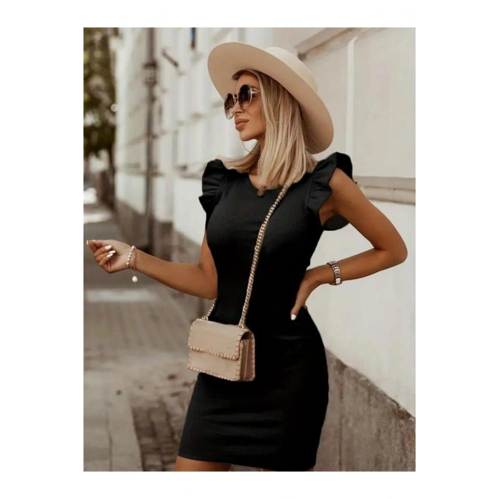 Kadın Kolsuz Omzu Volanlı Bisiklet Yaka Kaşkorse Mini Elbise