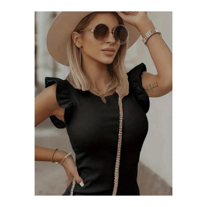 Kadın Kolsuz Omzu Volanlı Bisiklet Yaka Kaşkorse Mini Elbise