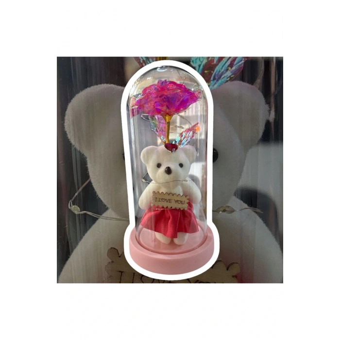 Fanus İçinde Gül Ve Ayıcık Led Işıklı