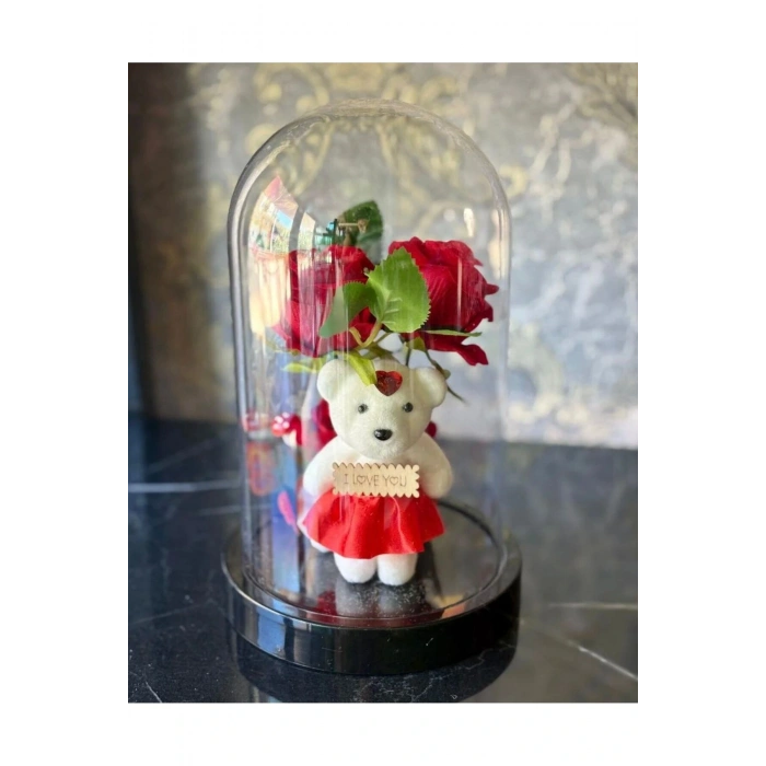 Fanus İçinde Gül Ve Ayıcık Led Işıklı