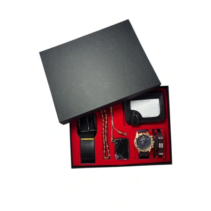 Erkek Kol Saati Kartlık Çakmak Kemer Tesbih ve Bileklik Seti