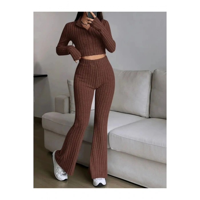 Ön Fermuarlı Kısa Üst ve Uzun Pantolon Takım