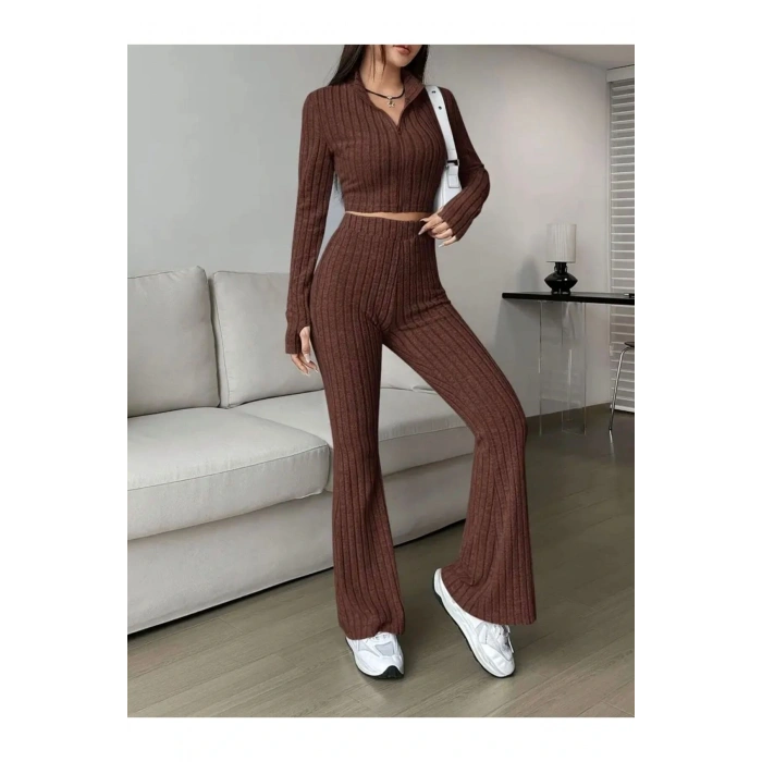 Ön Fermuarlı Kısa Üst ve Uzun Pantolon Takım