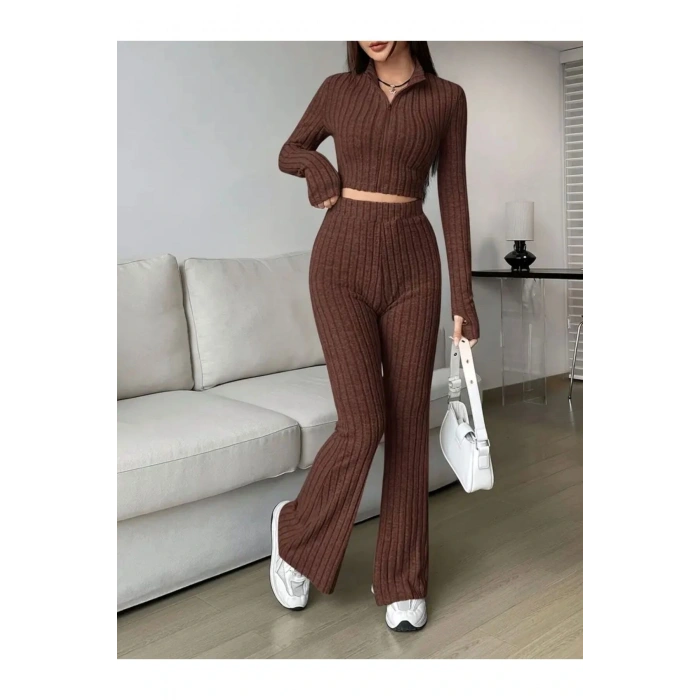 Ön Fermuarlı Kısa Üst ve Uzun Pantolon Takım