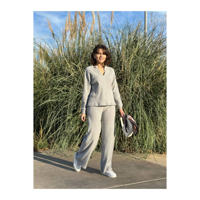 Kadın Fitilli V Yaka İspanyol Paça Triko Takım Alt Üst