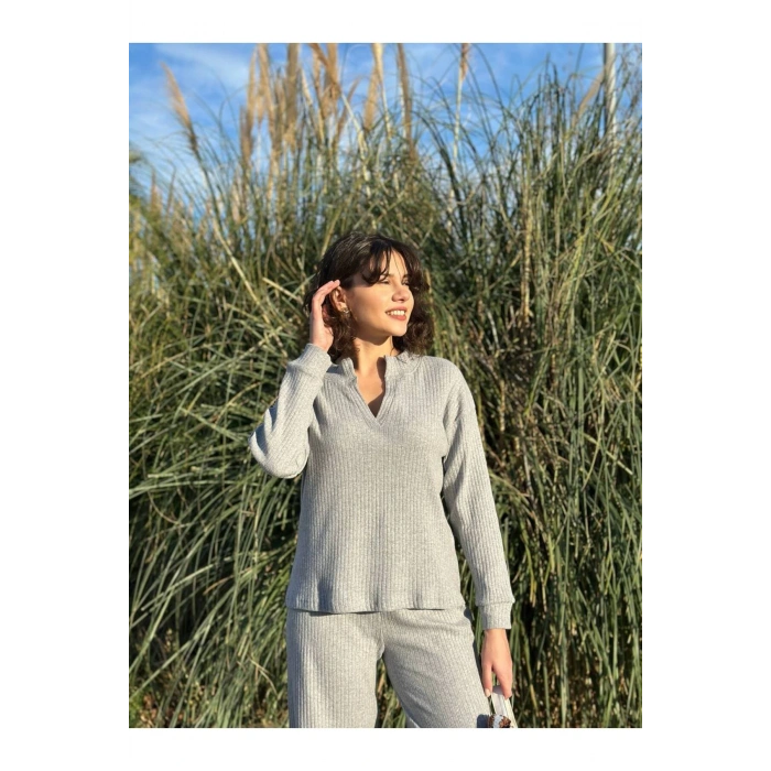 Kadın Fitilli V Yaka İspanyol Paça Triko Takım Alt Üst