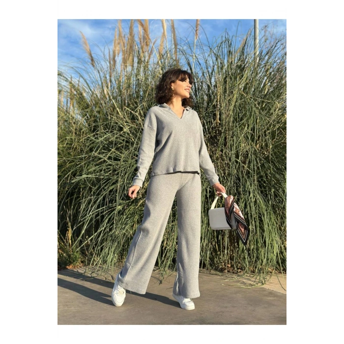 Kadın Fitilli V Yaka İspanyol Paça Triko Takım Alt Üst