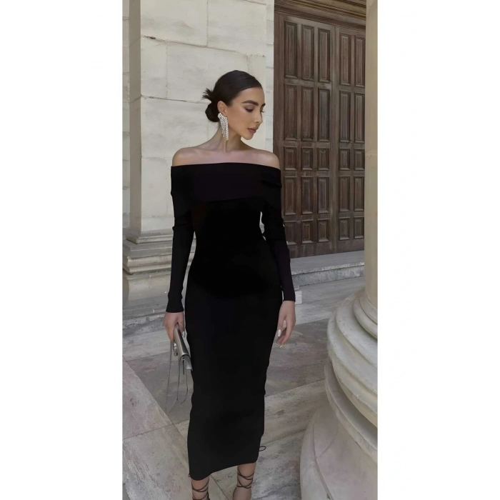 Madonna Yaka Şık Uzun Elbise