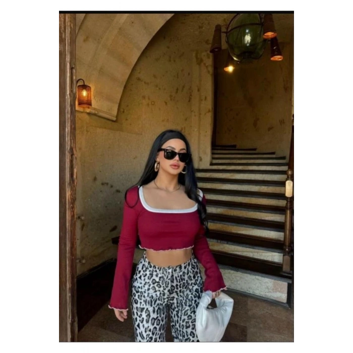 Kare Yaka Fitilli Kaşkorse Crop Uzun Kollu Bluz