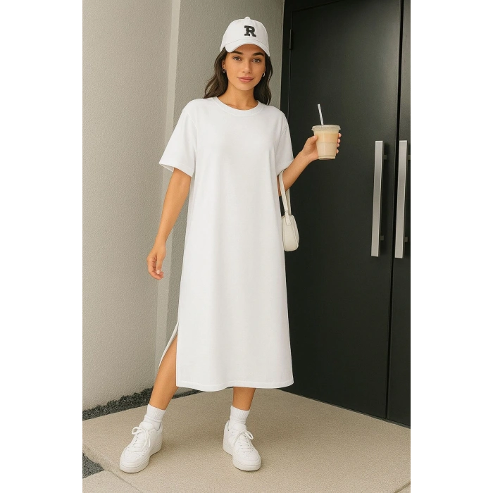 Kadın Süprem Kumaş Uzun Oversize Kalıp Yırtmaçlı Elbise