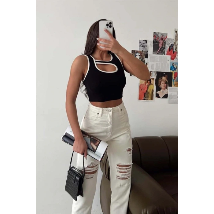 Dekolteli Biyeli Kaşkorse Kadın Crop Bluz