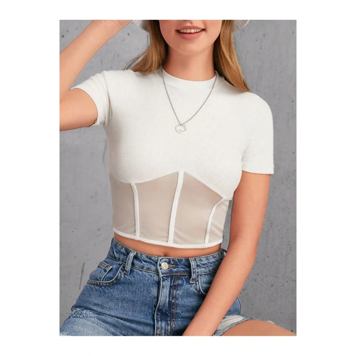 Siyah Tül Detay Likralı Bluz