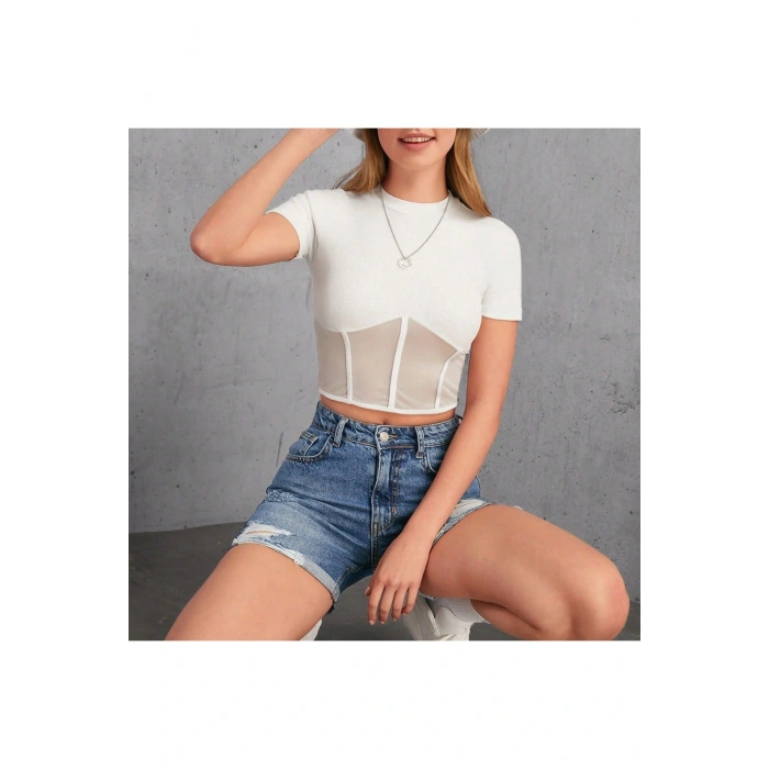 Siyah Tül Detay Likralı Bluz