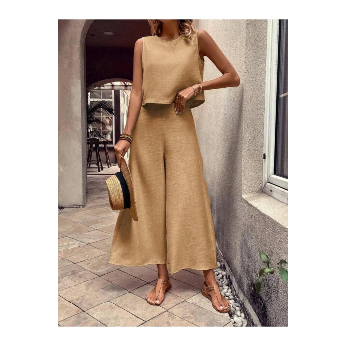 AYROBİN KUMAŞ GENİŞ PAÇA PANTOLONLU TAKIM