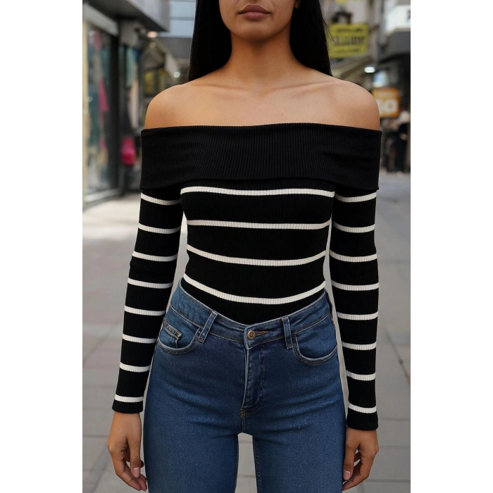 Kadın Madonna Yaka Çizgili Kazak