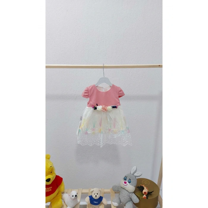 Kız Bebek Pembe Dantelli Çiçekli Elbise