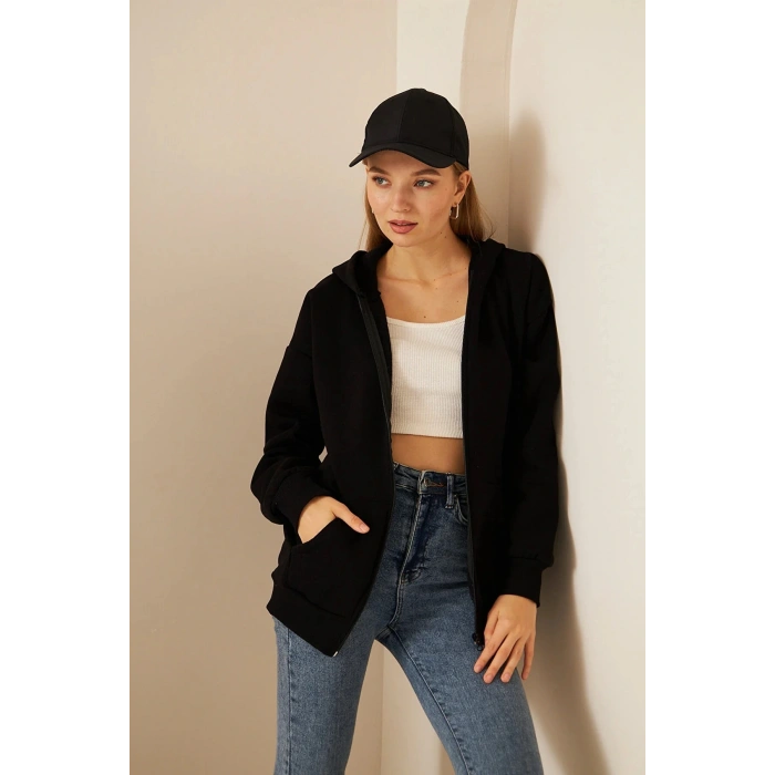 %100 Pamuklu Kapşonlu Unisex Siyah Fermuarlı Cepli Hırka Şardonlu 3 iplik Kışlık