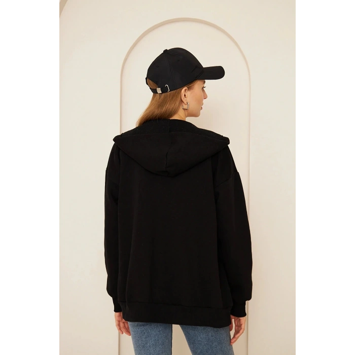 %100 Pamuklu Kapşonlu Unisex Siyah Fermuarlı Cepli Hırka Şardonlu 3 iplik Kışlık