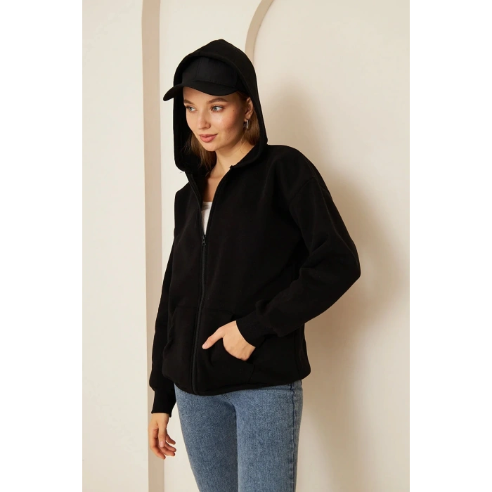 %100 Pamuklu Kapşonlu Unisex Siyah Fermuarlı Cepli Hırka Şardonlu 3 iplik Kışlık