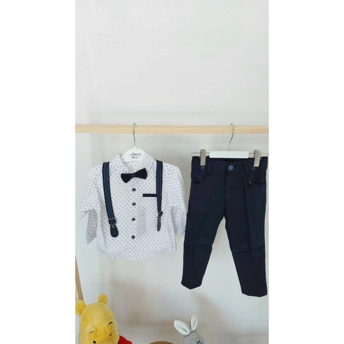 Erkek Çocuk Papyonlu Salopetli Gömlek Pantolon Takım Lacivert