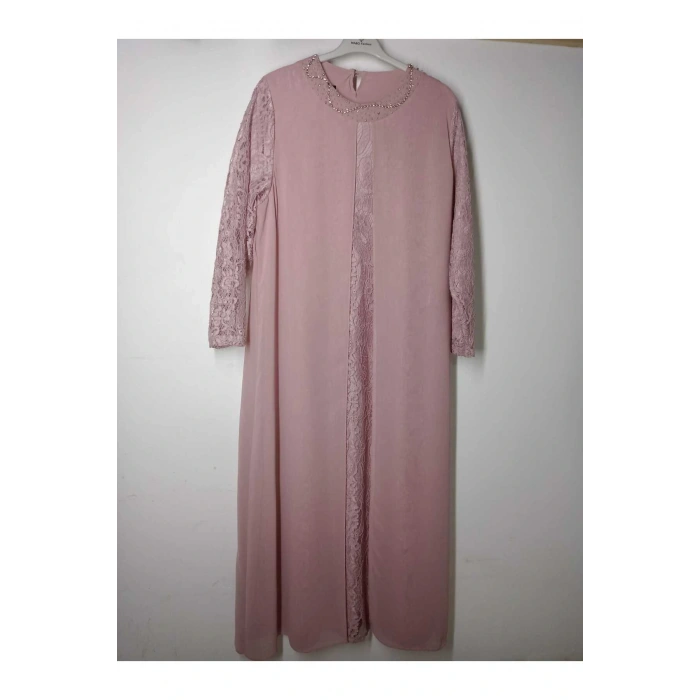 PEMBE ŞIK TAŞ İŞLEMELİ BÜYÜK BEDEN ANNE ABİYE ELBİSE