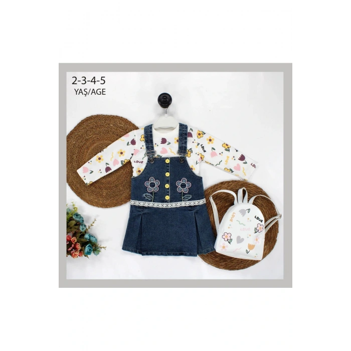 Kız Çocuk Çiçek Nakışlı Love Yazılı Salopet Takım ve Çanta