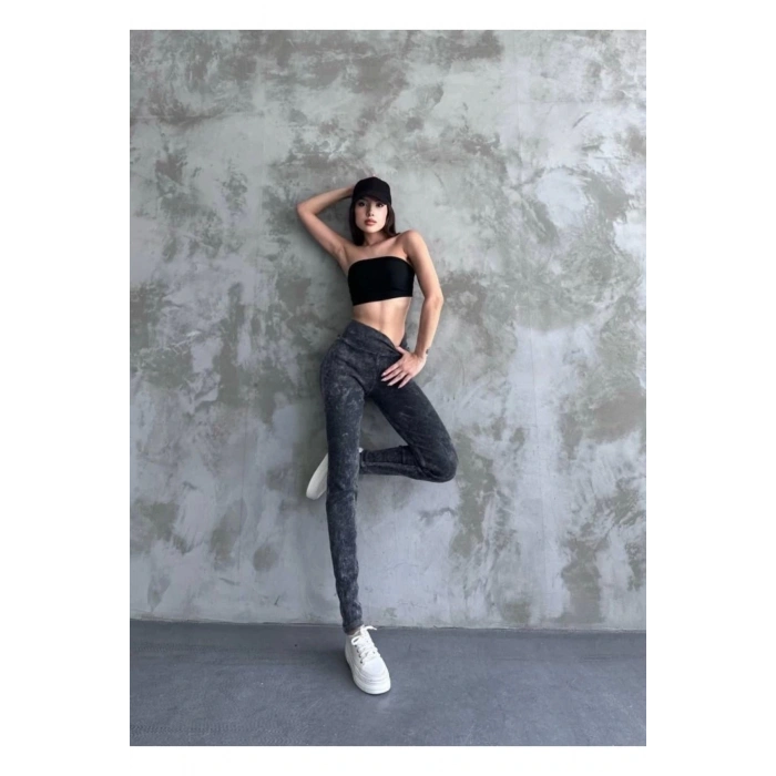 Kadın Yüksek Bel Yıkamalı Kaşkorse Kumaş Tayt